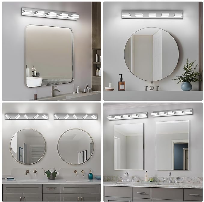 Modern LED Bathroom Lights Fixtures(5-Light),Metal Chrome Acrylic Wall Lighting,Vanity Lights for Bathroom Over Mirror(6000k 34In)