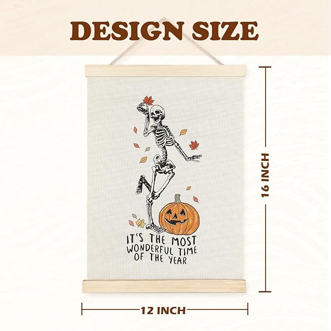 Supwhd Funny Halloween Skeleton Pumpkin Wall Art with Wooden Poster Hanger, Most Wonderful Time of the Year Halloween Wall Decor, Gothic Skull Posters Wall Art Decor, Skeleton Wall Decor, 12x16