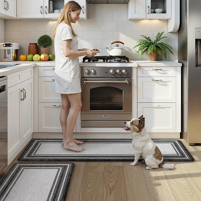 KIMODE Anti Fatigue Kitchen Mats for Floor 20"x59"+20"x32", Farmhouse Kitchen Rugs Sets of 2, Cushioned Non Slip Kitchen Mats for Floor, Comfort Kitchen Floor Mats for Sink Laundry Desk Black