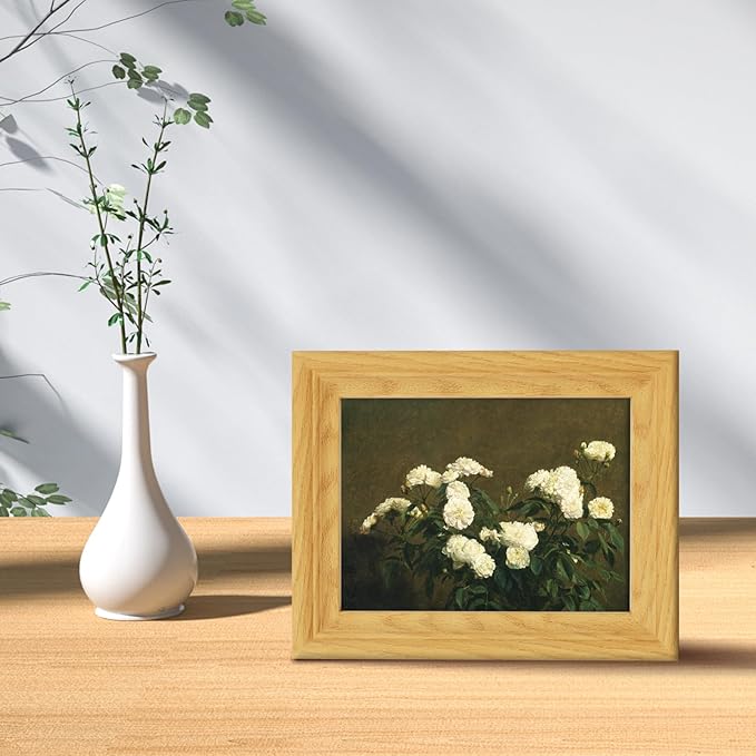 Brivoria Framed Canvas Wall Art Vintage Decor, Antique Botanical Floral Artwork with White Roses and Rustic Autumn Background for Desk Shelf Small Wall Bedroom Office or Bathroom Display, 8"x10"