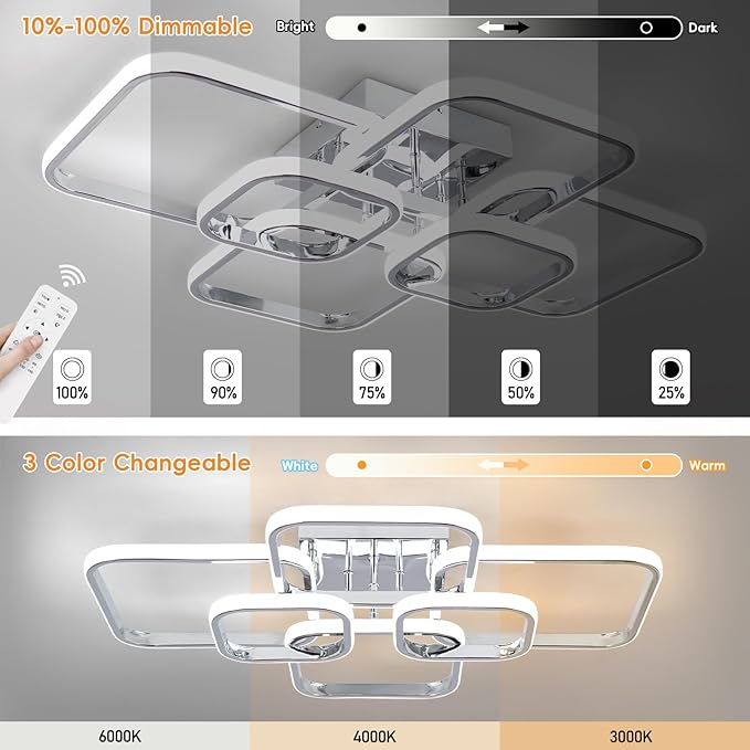 31.5" Modern LED Ceiling Light 6-Square Dimmable Ceiling Light Fixtures with Remote 3000K-6000K Chrome Close to Ceilings Lamp 60W Flush Mount Ceiling Lamp for Living Room, Bedroom