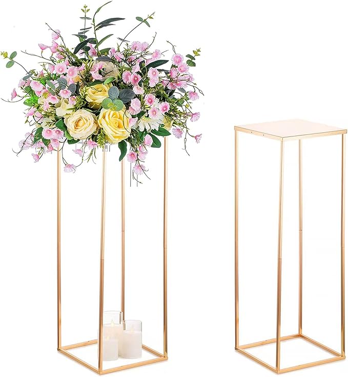 Sziqiqi Floor Vase Tables Centerpieces for Reception - 2 Pcs Metal Column Geometric Flower Stand 31.5in Gold Tall Flower Display Rack Decorations for T-Stage Wedding Party Event