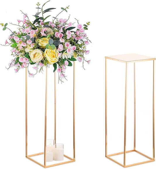 Sziqiqi Floor Vase Tables Centerpieces for Reception - 2 Pcs Metal Column Geometric Flower Stand 31.5in Gold Tall Flower Display Rack Decorations for T-Stage Wedding Party Event