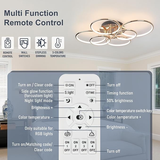Modern Ceiling Lights, 6 Rings Dimmable Gold LED Ceiling Light Fixtures with Remote Control, 56W Close to Ceiling Lighting for Living Room, Bedroom, Dining Room