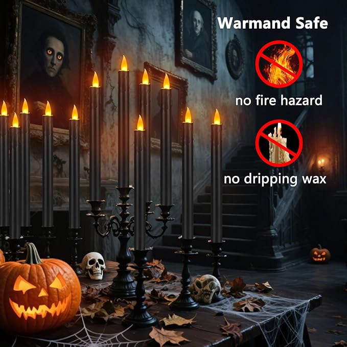10" Flameless Taper Candles with Remote, 12 Pcs Black Electric Led candlesticks, Plastic Tall Taper Candles Battery Operated with Flickering Flame for Halloween Christmas Wedding Home Décor