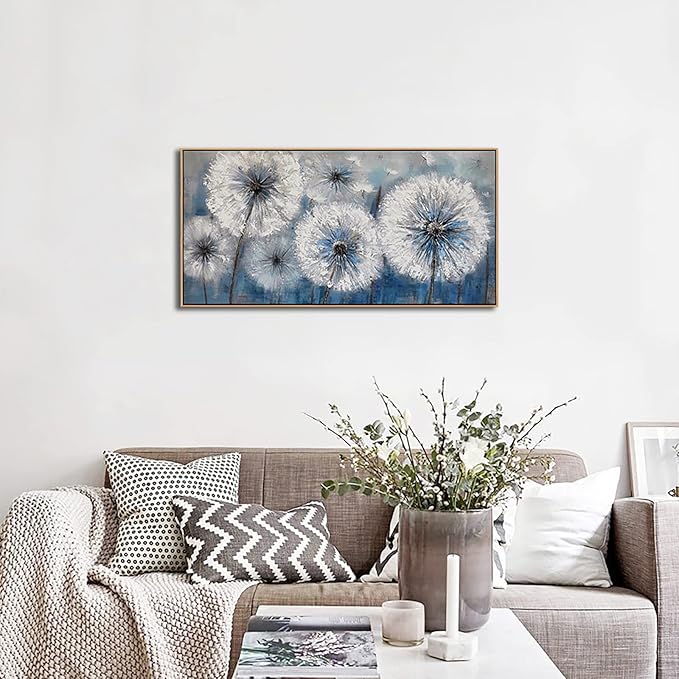Dandelion Canvas Print - Framed Wall Art for Living Room & Bedroom - Large White Flower Flora Home Decoration (With Solid Wood Dark Frame)