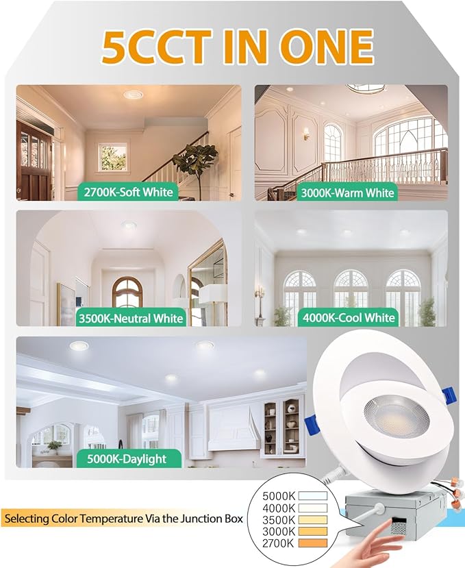 zouzai 5CCT LED Gimbal Led Recessed Light with Junction Box, 360ยฐ+90ยฐ Adjustable Directional Eyeball Lighting, Dimmable, 2700K/3000K/3500K/4000K/5000K,ETL&Energy Star (6 inch, White 1 Pack)