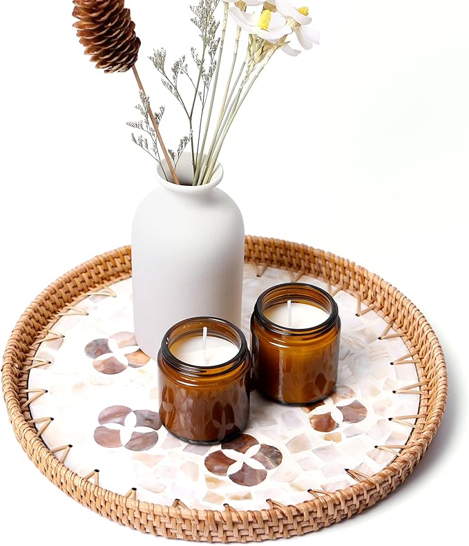 Round Rattan Tray with Mother of Pearl Inlay & Wooden Base - Decorative Wicker Serving Tray for Coffee/Bread/Fruits, Food Storage & Display - Multipurpose Home Decor (M,Four-Petal Flower)
