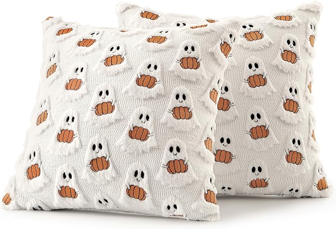 MIULEE Halloween Pillow Covers Decorative Fall Cute Ghost Plush Faux Fur Pillows 20x20 Inch Set of 2 Soft Pumpkin Accents for Sofa Couch Bed Living Room Festive Home Decor, White Rust