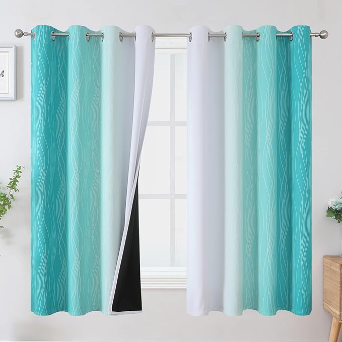 Estelar Textiler Teal and Greyish White Blackout Curtains 63 Inches Long, Room Darkening Grommet Curtains for Bedroom, Thermal Insulated Ombre Blackout Drapes for Living Room, 52Wx63L, 2 Panels
