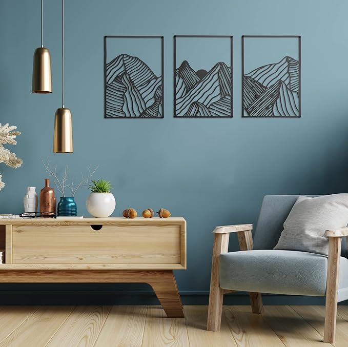 Peryiter 3 Pcs Metal Wall Art Decor Landscape Mountain Wall Hanging Decor for Living Room Abstract Minimalist Modern Mountain Line Pictures Summer Bathroom Office Home Gifts Indoor(Black)