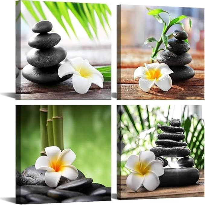 Yxbhhym-Zen Pictures Meditation Canvas Wall Art Spa Stone Green Room Decor White Frangipani Flower Poster Painting Zen Artwork for Bathroom Wall Dรฉcor Living Room Kitchen Decorations Framed Art