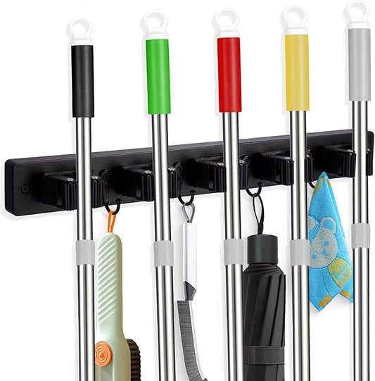 Broom Holder Wall Mount With 5 Slots & 4 Hooks,Rustic Wood Broom & Mop Hanger,Wall Mounted Garden & Garage Tool Storage Organizer Rack for Closet Laundry Room or Kitchen Wall Decor Black