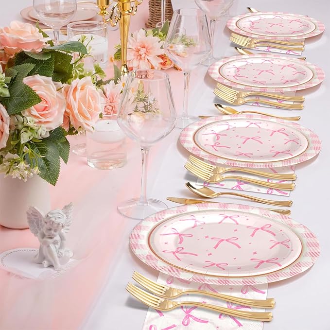 180Pcs Pink Bow Party Supplies Paper Plates and Napkins Serve 60 Disposable Tableware Set for Birthday Party Decorations Game Day Family School Holiday Sports Events