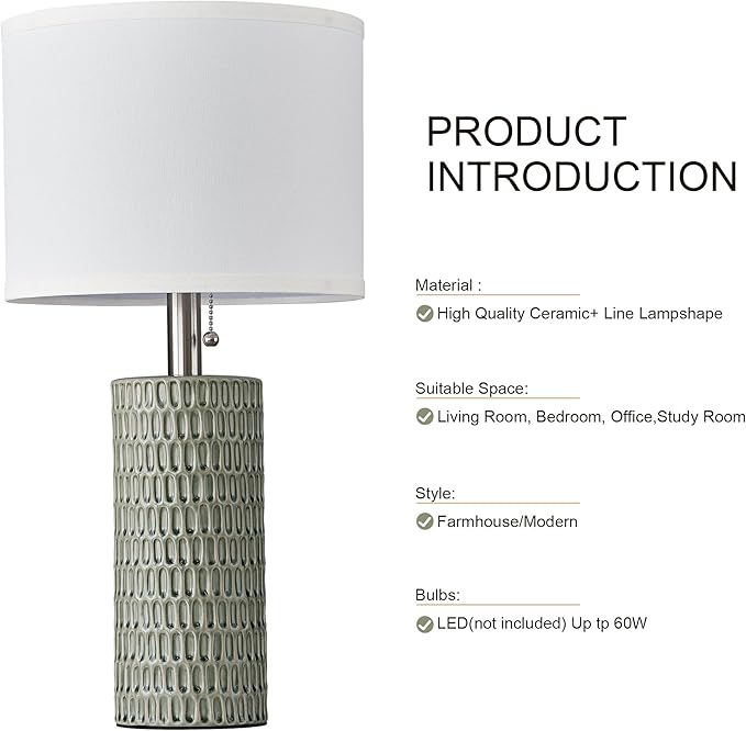 Table Lamps for Living Room Set of 2, Ceramic Table Lamps for Bedroom, 20" Modern Lamps for Night Stands, Green