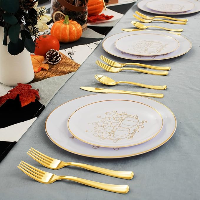 YOUBET 125PCS Thanksgiving Plastic Plates - Fall Plastic Plates with Gold Rim & Gold Silverware include 25Dinner Plate, 25Salad Plate, 25Knives, 25Forks, 25Spoons for Thanksgiving Party