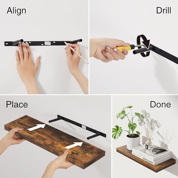 BAYKA Floating Shelves, 22.5" Rustic Wood Wall Mounted Shelves for Bathroom, Bedroom, Living Room&Kitchen, Hanging Display Shelf with 22 lbs Capacity, Fall Home Decor Shelves (Rustic Brown, Set of 2)