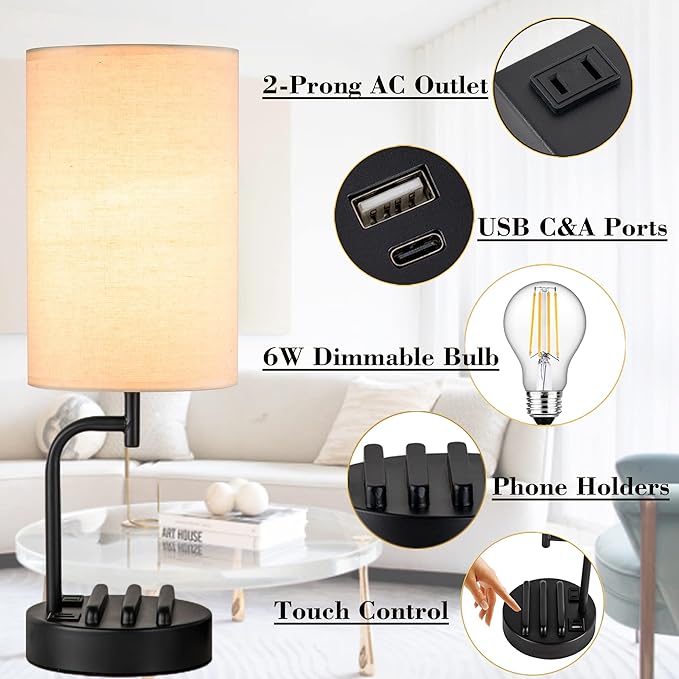 Dreamholder Touch Control USB Table Lamp, Upgraded 3-Way Dimmable Bedside Desk Lamp with USB C & A Charging Ports and AC Outlet, Nightstand Lamp for Bedroom, Dimmable 9W LED Bulb Included