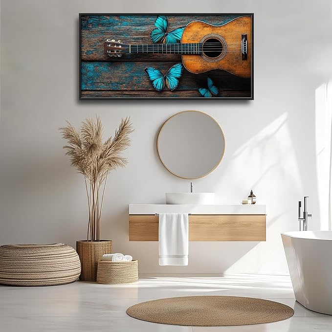Olivine Music Wall Art, Guitar Pictures Wall Decor, Butterfly Painting, Vintage Musical Instruments Canvas Prints, Framed Artwork for Bathroom Bedroom Living Room Office Home Decoration 60"x30"