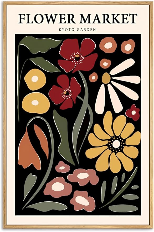 Gufro Framed Red & Yellow Flower Market Canvas Wall Art,Flower Wall Art, Flower Poster Vintage for Living Room Bedroom office Decoration-12''x16''Natural Framed