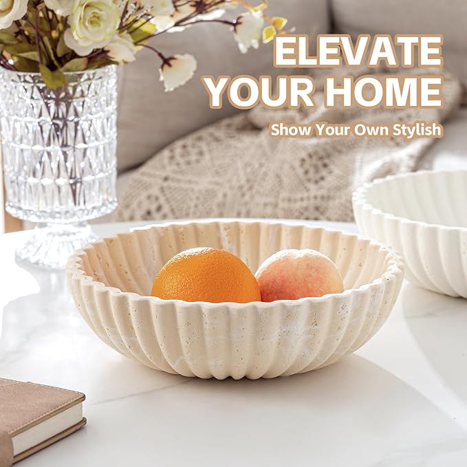 Large Decorative Fruit Bowl for Kitchen Counter, Travertine Stone Look Modern Minimalist Snack Candy Bowl for Table Centerpiece Decor, Home, Office, Hotel, Entryway (Yellow)