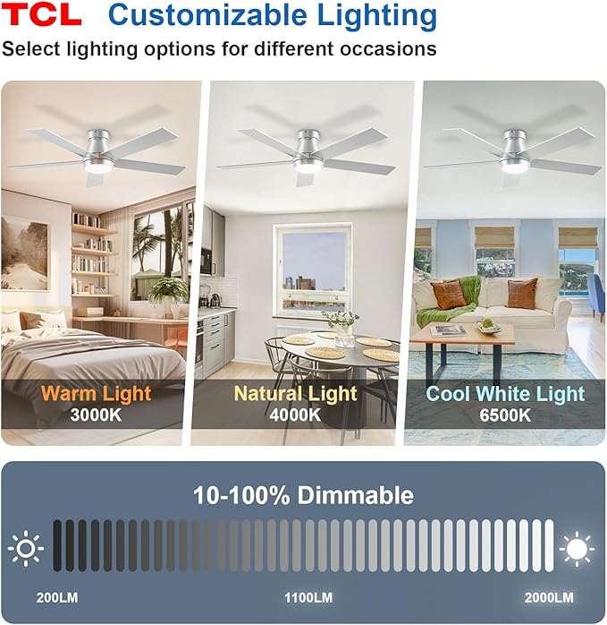 TCL 52" Ceiling Fan with Lights, Silver Flush Mount, 5 Blade Low Profile, 6 Speeds DC Reversible, Dimmable, Modern for Bedroom, Living Room and Garage
