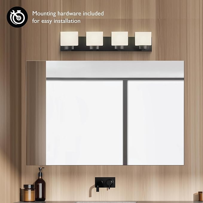 Design House 588426 Dove Creek Vanity Light Dimmable with Frosted Glass for Above Bathroom Mirror, Matte Black, 4-Light