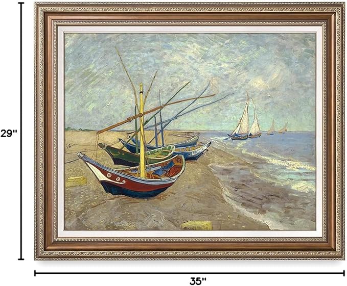 DECORARTS - Boats At Saintes Maire, Vincent Van Gogh Art Reproduction. Giclee Print w/Bronze Frame&Mat for Wall Decor. 30x24,