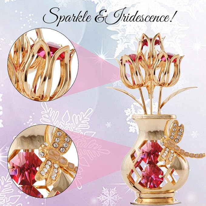 Matashi 24K Gold Plated Crystal Studded Flower Ornament in Vase with Decorative Dragonfly - Elegant Tabletop Ornament - Perfect Valentine's Day Gift for Her, Wife, Mom, Birthday, Home or Office Décor