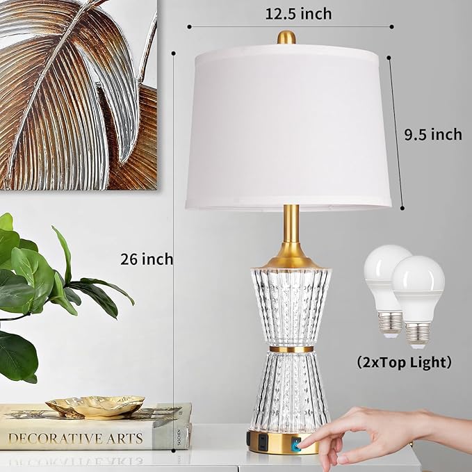 26" Modern Table Lamps, Gold Set of 2 Table Lamps Night Light with 2 USB Charging Ports & AC Outlet, Bedside Nightstand Lamp White Shade for Living Room Bedroom Home Decor(2 LED Bulbs Included)