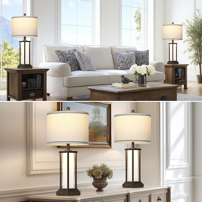 27in Tall Farmhouse Table Lamp Set of 2 with USB C+A & Outlet,Brown Industrial End Table Lamp for Living Room,Vintage Rustic Bedside Lamps with Night Light for Bedroom Nightstand,Brown