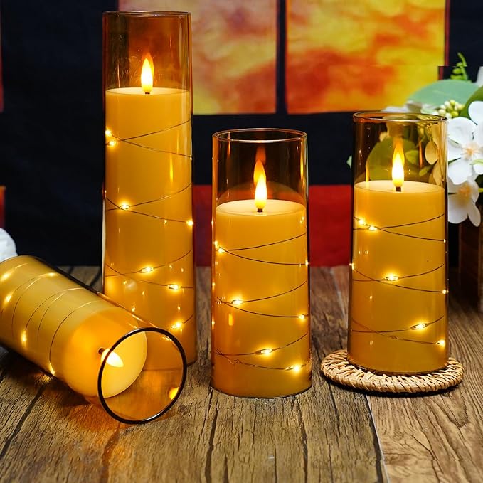 Flameless LED Candles with Timer 5 Pc Flickering Flameless Candles for Romantic Ambiance and Home Decoration Stable Acrylic Shell,with Embedded Star String,Battery Operated Candles(Gold)