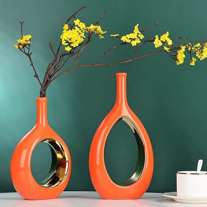 Orange and Gold Vase Ceramic Orange Vases Home Decor,Modern Minimalist Circle with Hole Decorative Vase, Hollow Ellipse Flower vases for Bookshelf, Fireplace Mantle,Centerpieces,Farmhouse,Rustic Décor