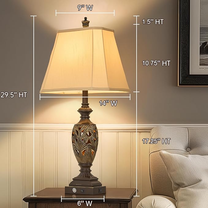 29.5" H Touch Traditional Table Lamp Set of 2,Vintage Bedside Nightstand Lamps with Dual USB and Night Light, 3-Color Hollow Out Leafwork Bronze Gold Finish Desk Lamps for Living Room,Bedroom