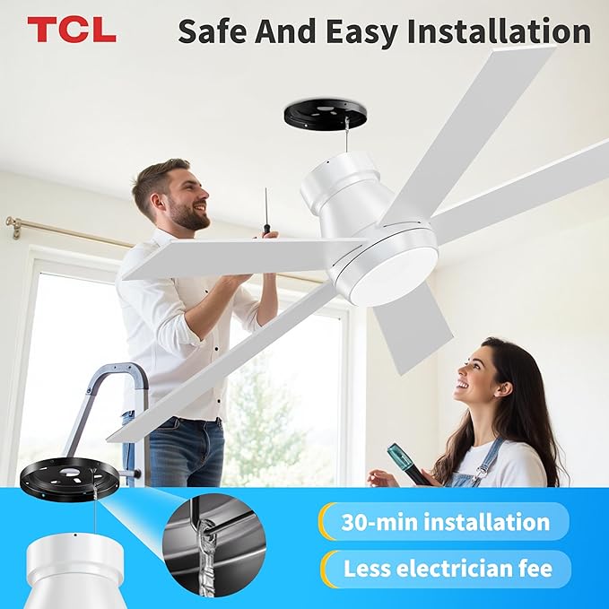 TCL 52" White Ceiling Fan with Light and Remote, Modern LED 3-Color, 3CCT, Quiet Motor for Bedroom, Living Room, Dining Room, Ceiling Fans with Lights (White)