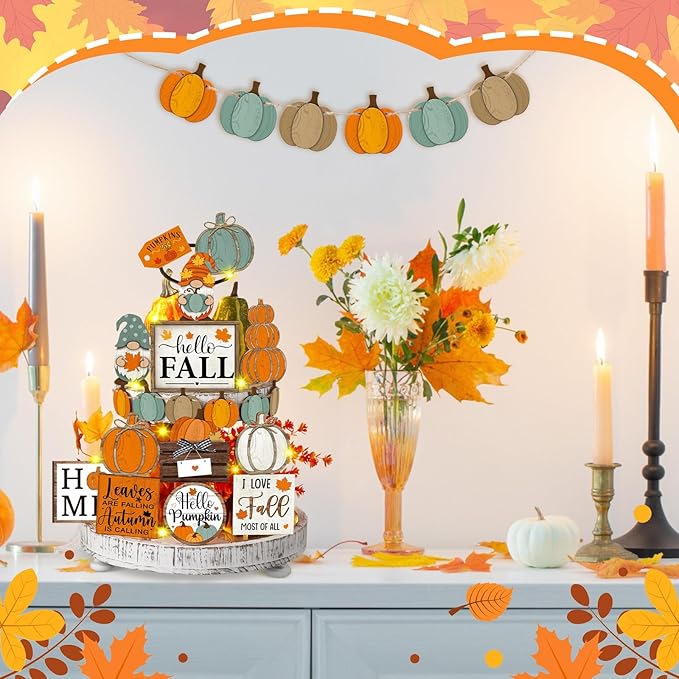 21 Pcs Fall Tiered Tray Decoration Set Thanksgiving Table Sign Pumpkins Farmhouse Decor Gnome Maple Leaves Centerpieces Harvest Wood Blocks Signs Fall Block Tabletop for Autumn(Pumpkin)