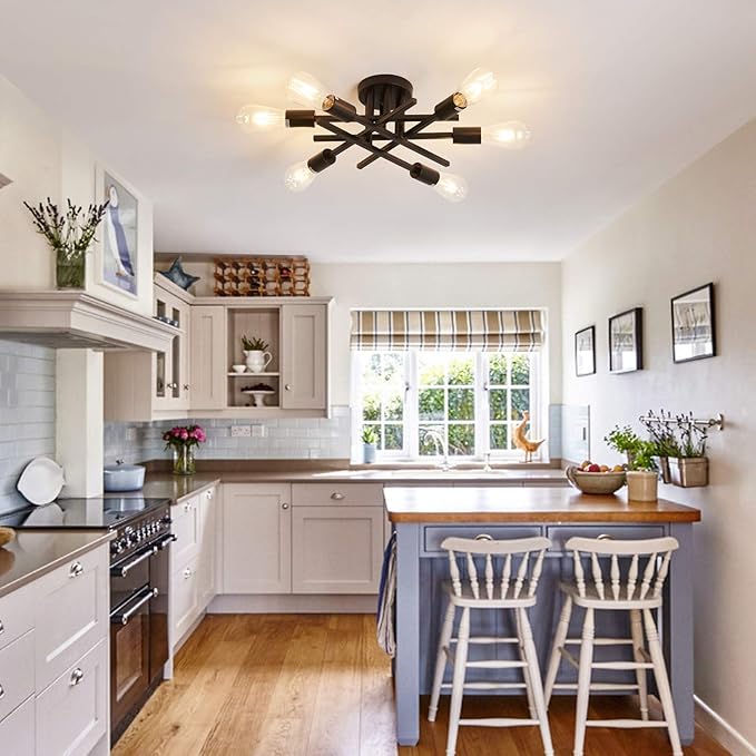 ASGYISA Semi Flush Mount Modern Ceiling Light Fixture, 6 Lights Black Vintage Matte Sputnik Chandelier Ceiling Lamp with E26 Bulb Base for Farmhouse Dining Room Living Room Bedroom Study Kitchen