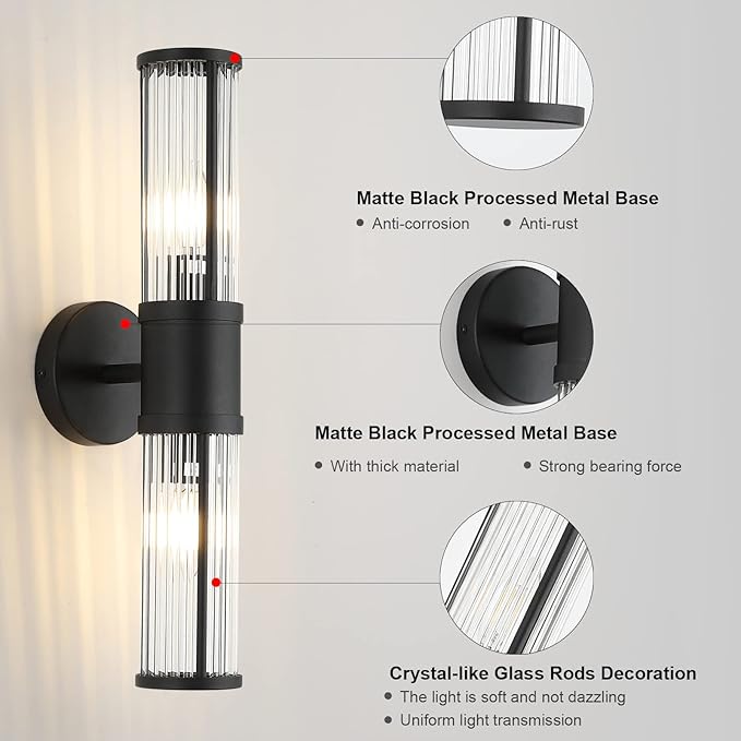 Bathroom Light Fixtures 2-Light Matte Black Bathroom Vanity Light Modern Wall Lights for Bedroom Bath Mirror Lights with Glass Rods Shades for Mirror Bedroom Hallway