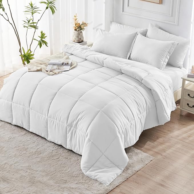 JOLLYVOGUE Queen Comforter Set, Ultra-Soft Bed in a Bag Queen Size 7 Pieces, Oeko-TEX Certified Bedding Set with Down Alternative Comforter, Sheets, Pillowcases & Shams, White