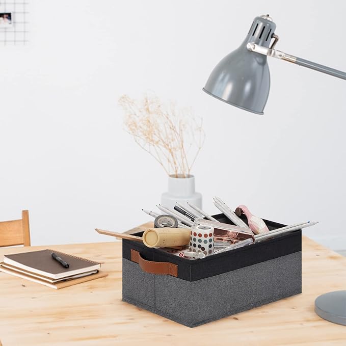 GhvyenntteS Small Fabric Storage Bins 12 Pack, 11.8" x 7.87" x 5.11" Storage Basket with Leather Handles, Closet Storage Bins for Shelves, Storage Baskets for Shelves, DVD Storage (Grey/Black)