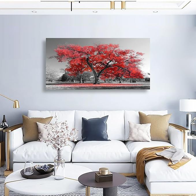 Red Tree of Life Wall Art for Living room Office Bedroom Black and White Scenery Canvas Wall Art Print Oil Paintings Modern Forest Landscape Pictures Wall Decor Artwork Ready to Hang - 20in * 40inch