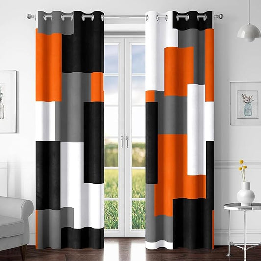 Orange 100% Blackout Curtains for Bedroom 108 inch Extra Long 2 Panels Set Black White Grey Modern Abstract Geometric Black Out Curtains Room Darkening Window Drapes for Living Room, 52Wx108L