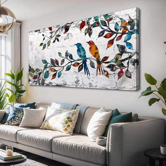 Wall Art Funny Paintings Colorful Birds on a Branch Art Mural Pop Art Home Office Wall Decor Framed Canvas Wall Decor for Living Room Ready to Hang - 58x28in