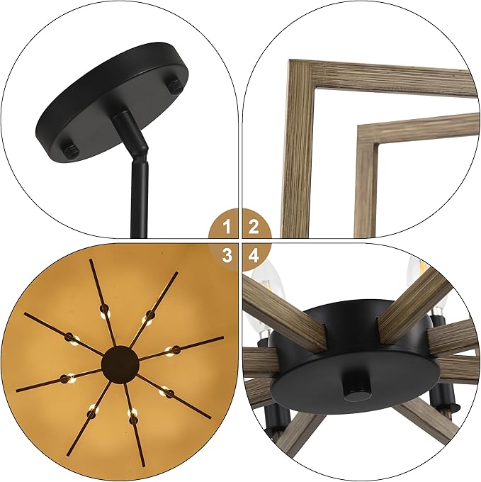 8-Light Modern Farmhouse Chandelier, Vintage Geometric Dining Room Lighting Hanging, Industrial Chandelier for Kitchen Island Entryway Foyer Stairway, Retro Wood Texture and Black Finish