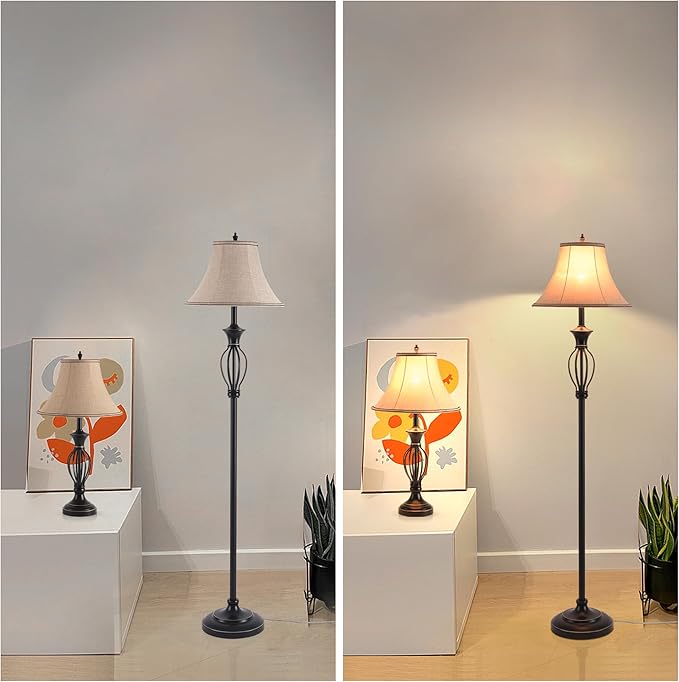 3 Pack Lamp Set, Living Room Light Set of 3, Floor and Table Lamp Set in Black Finish with Vintage Brown Fabric Light Shades, 26" and 61"(H), Solid Iron