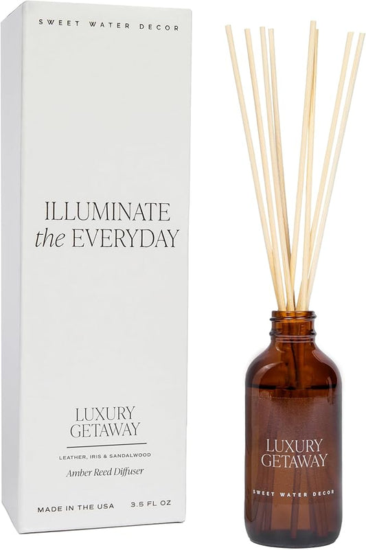 Sweet Water Decor Luxury Getaway Reed Diffuser Set - Room Diffuser with Leather, Amber & Musk Scent - Hotel Scent Diffuser Lasts for 4 Months - HomeDiffuser with Premium Fragrance Oils