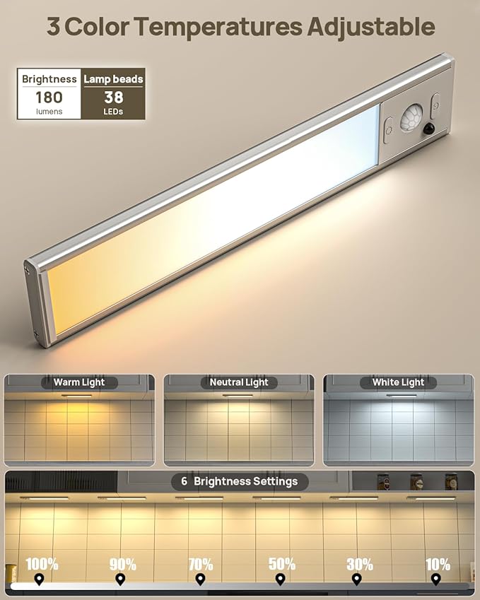Under Cabinet Lights Wireless,Motion Sensor Light Indoor Closet Lights with Remote Control,3 Color Temps,LED Rechargeable Battery Operated,Under Counter Lights for Kitchen,Wardrobe,Pantry,Bedroom