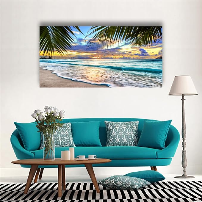 Beach Pictures Canvas Wall Art for Living room Bedroom Wall Decor,Sunset and Beautiful clouds Wall Art Print Paitnings for home Decor,Morden Artwork Waves Canvas Art Waterproof Stretched Ready to