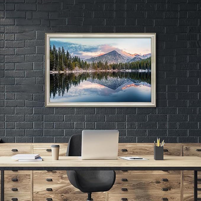 Framed Lake Scenery Wall Art: Natural Mountain Water Canvas Painting Woodland Sunset Picture for Living Room