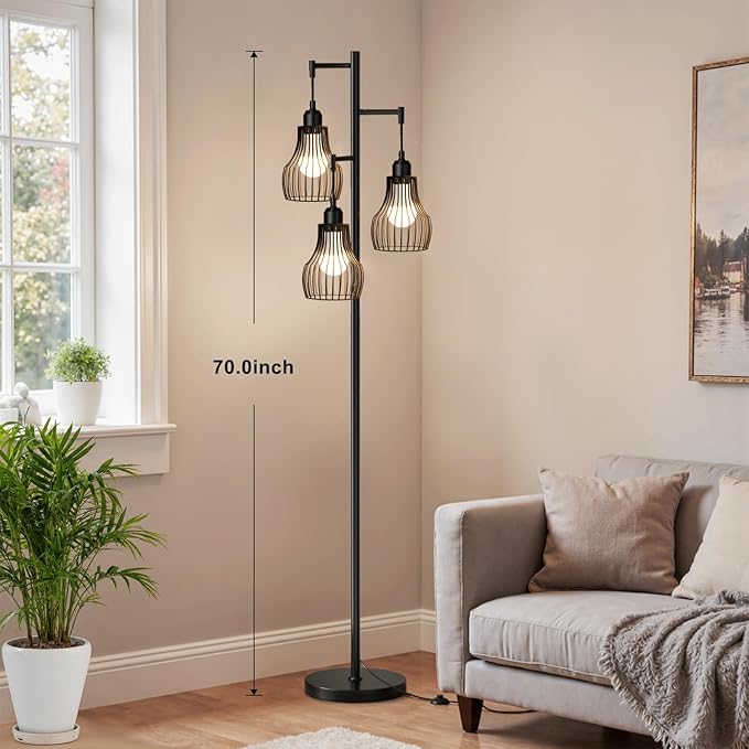 Dimmable Floor Lamps for Living Room, Farmhouse Tree Standing Tall Lamp with Remote Control 3 Elegant Cage Shade LED Bulbs for Bedroom Office - Black